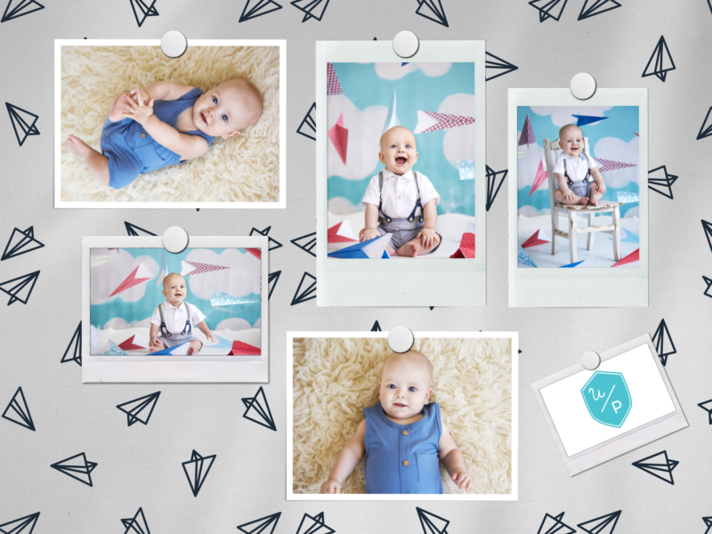 photo collage of a six month old boy with an airplane
