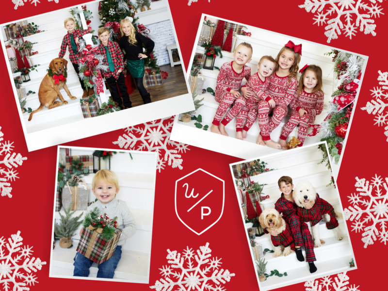 collage photo of 4 different family posed on a Christmas themed set with pine branches and a white bench