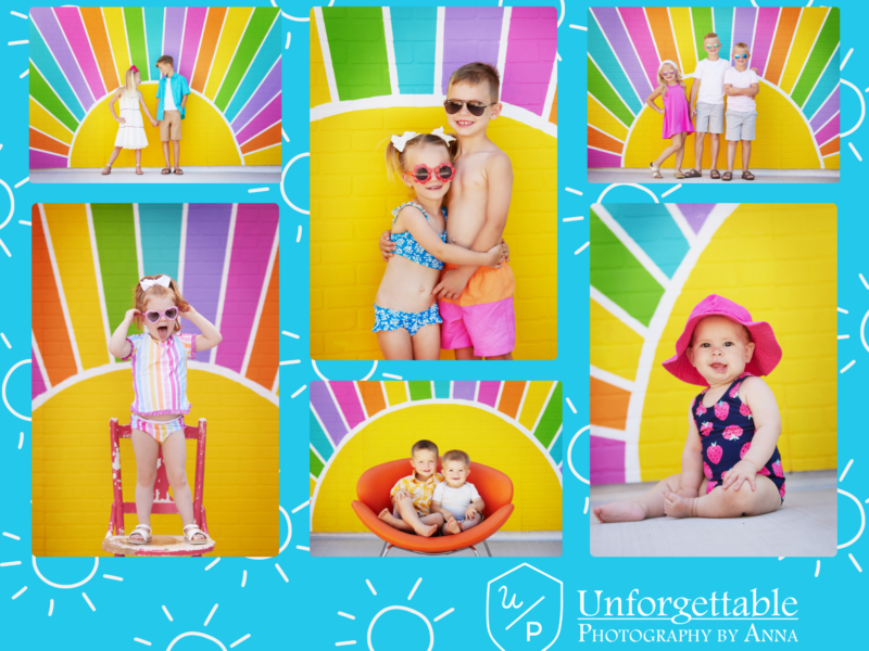 children's session photo collage featuring a brother and sister in front of a colorful rainbow sunburst wall
