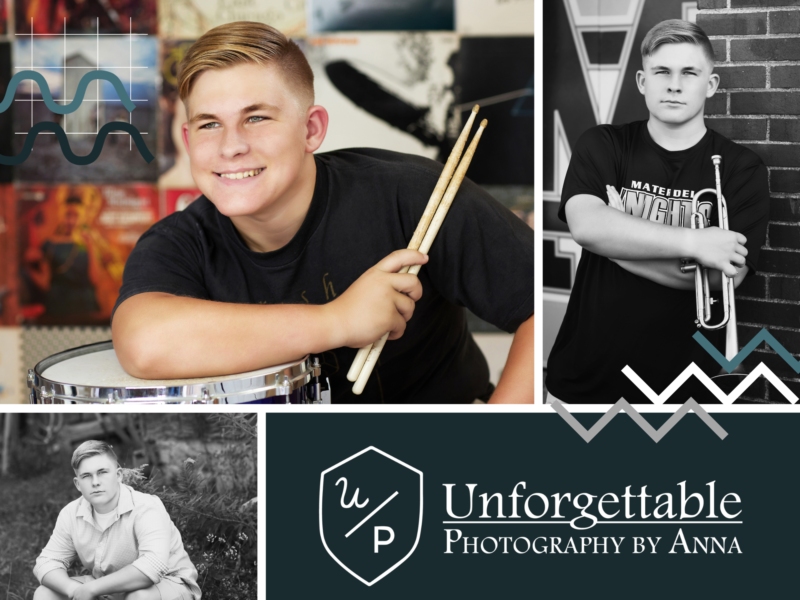senior boy photo collage of a boy in band holding his drumsticks