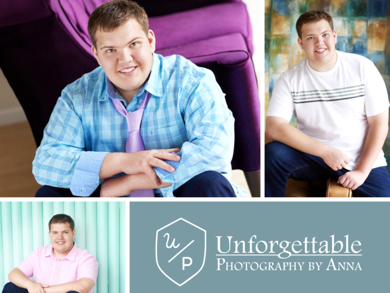photo collage of a senior boy. one photo in a dress shirt and tie, one in a tee shirt, and one in a polo