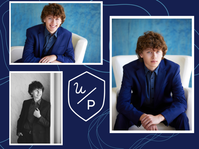 3 photo collage of a senior boy doing studio photos in a suit