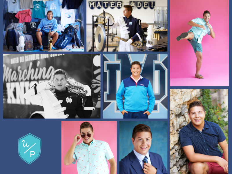 photo collage of a senior boy featuring band photos, and suit and tie photos