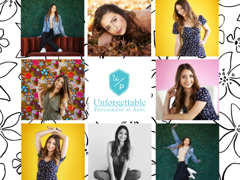 photo collage of a senior girl some against a yellow background others against a boxwood greenery background