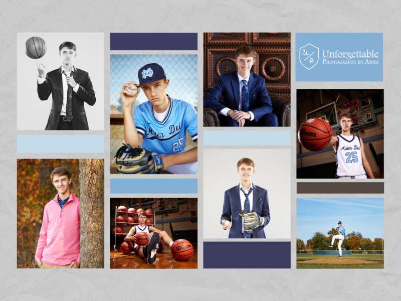 photo collage of a senior boy featuring sports photos of basketball, baseball, as well as a few suit and tie shots
