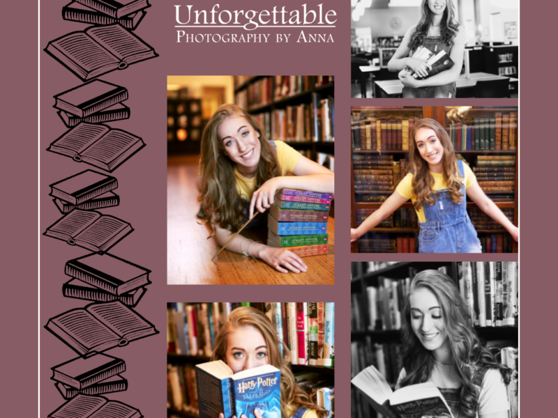 photo collage of a senior girl in a library