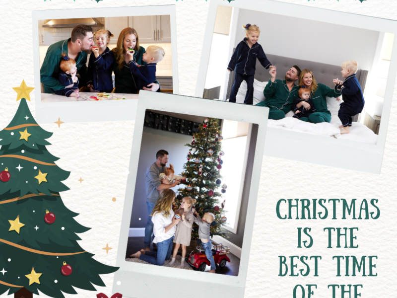 a collage of a family doing their Christmas photos, featuring the tree in their house
