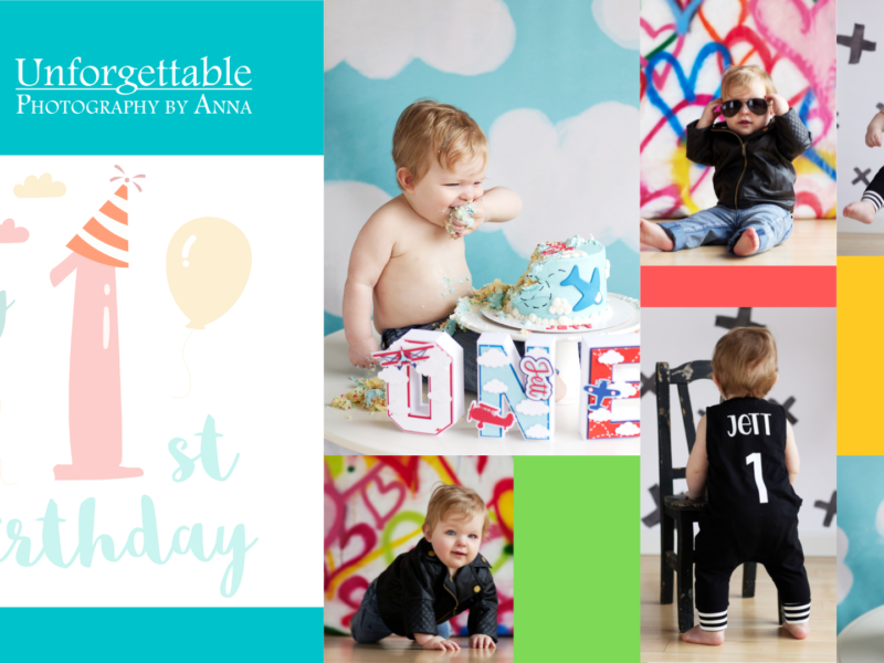 photo collage of a 1 year old boy some pictures include a cake and some the boy wears a leather jacket