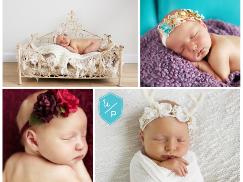 photo collage of a newborn girl swaddled wearing headbands