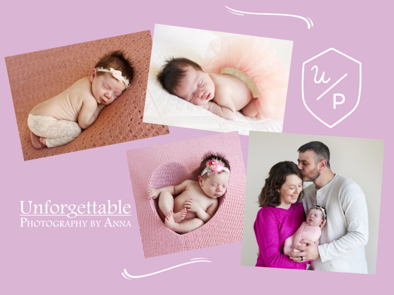 photo collage of a new born baby girl with a full head of dark hair and a cute headband