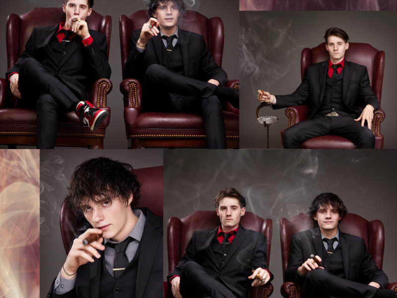 collage of two twin boy seniors in dark red leather chairs, the boys are wearing suits and smoking cigars