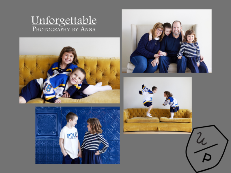 photo collage of a family on a yellow couch in their Blue's hockey jerseys
