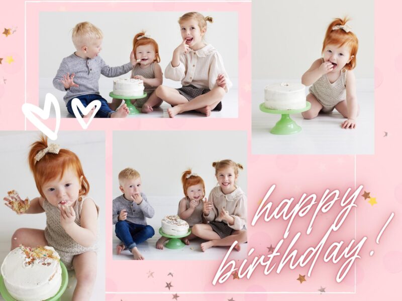 photo collage of siblings doing a cake smash