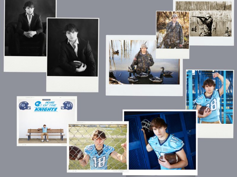 photo collage of a senior boy featuring football photos, duck hunting photos and a suit and tie outfit