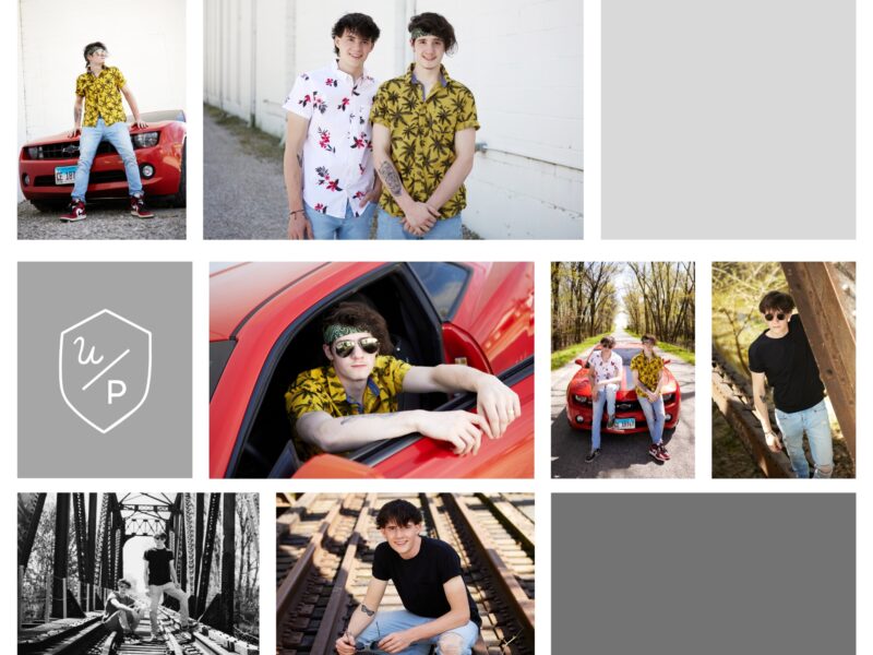 photo collage of two senior boy twins posed with their red mustang car