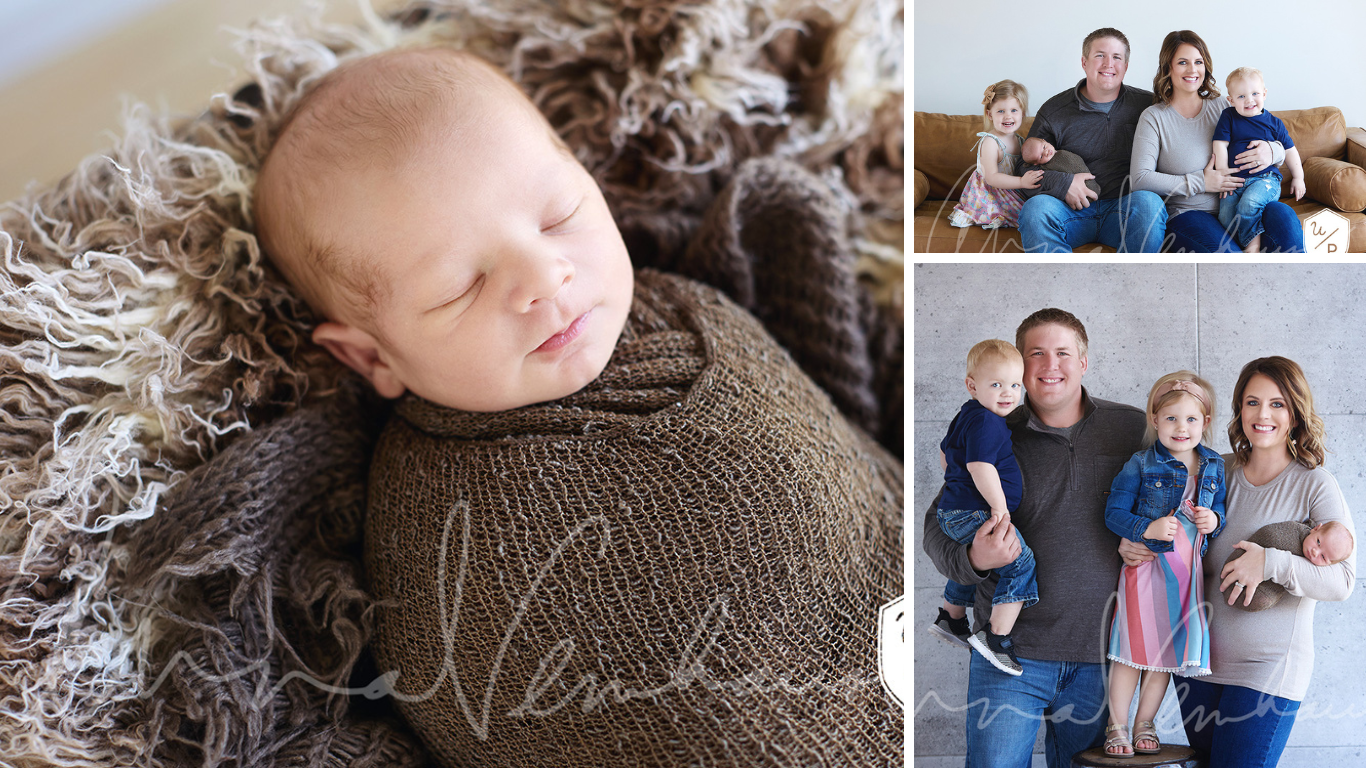 newborn baby in brown outdoorsy blankets and then two all family photos
