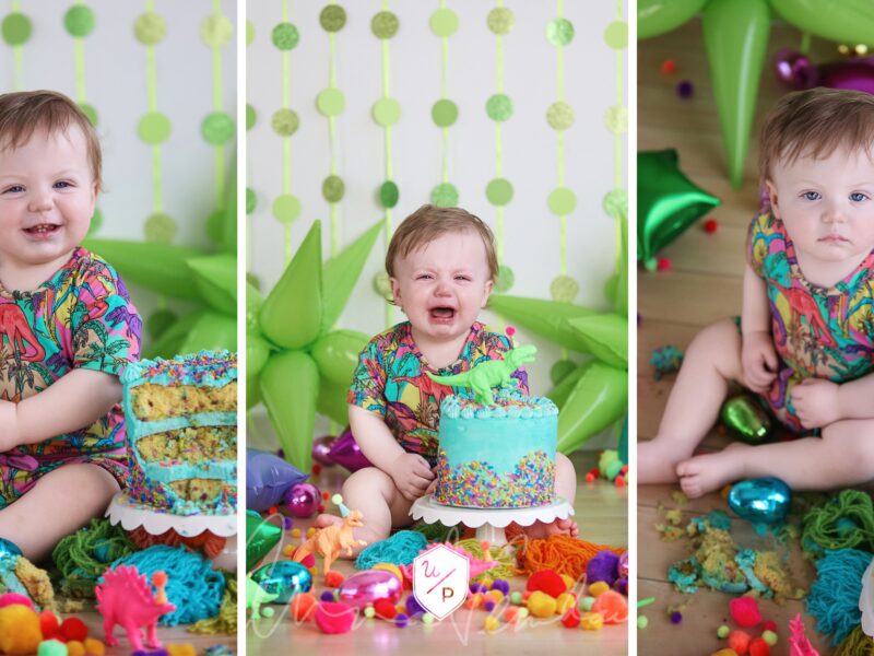 little boy 1 st birthday pictures including a bright colored cake smash with dinosaur toys and fun balloons