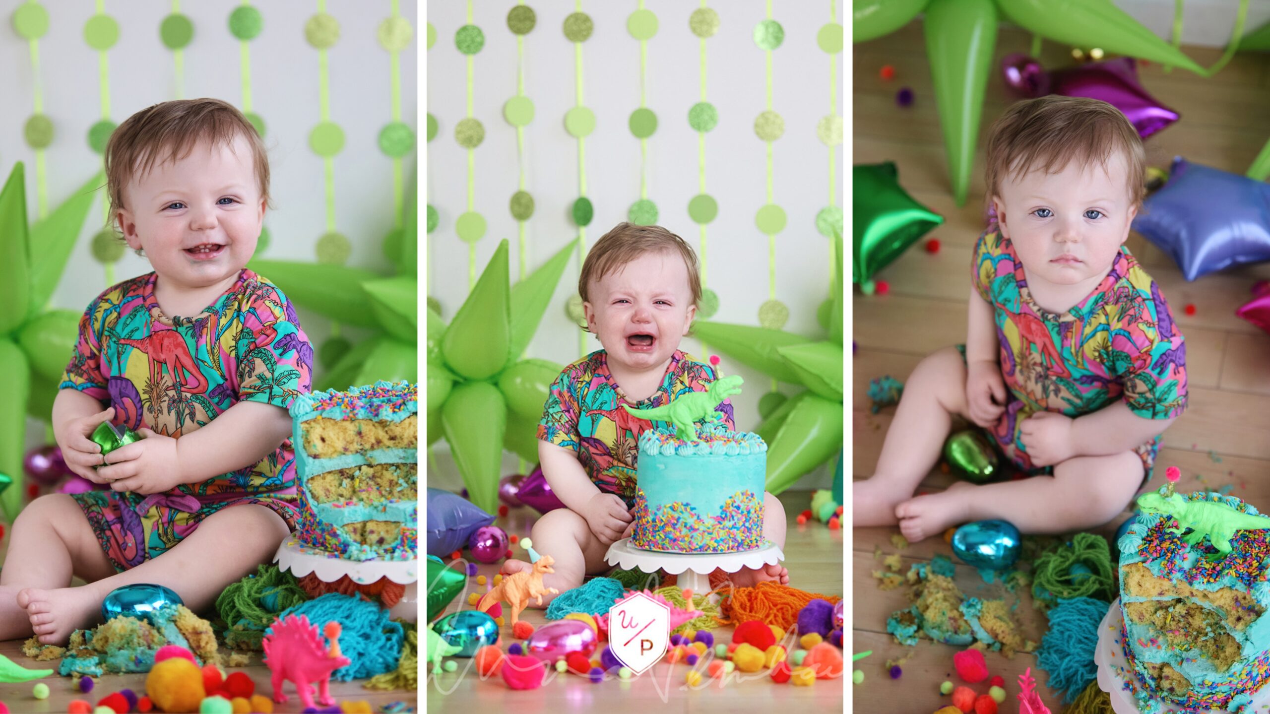 little boy 1 st birthday pictures including a bright colored cake smash with dinosaur toys and fun balloons