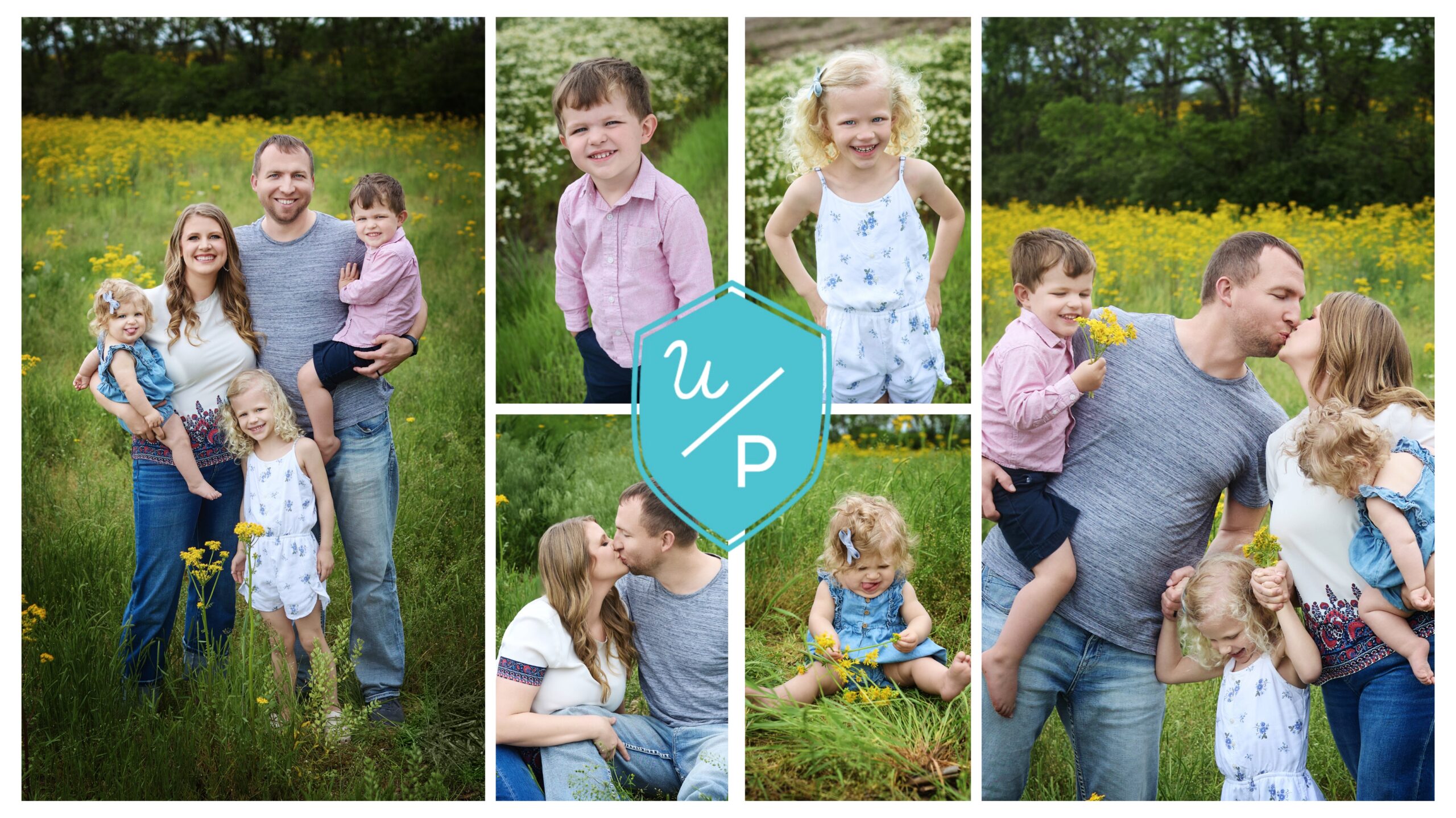 family photo collage of a family of 5, two little girls and a little boy in a yellow flower field