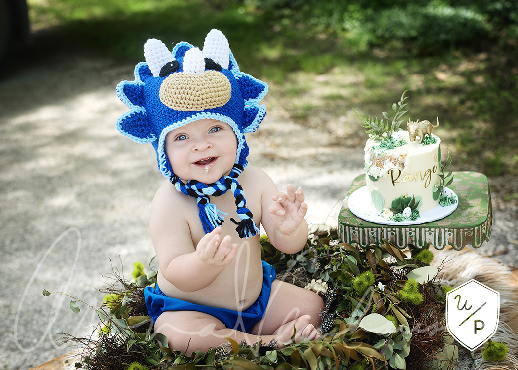1 yr old boy in triceratops hat sitting with a dinosaur cake