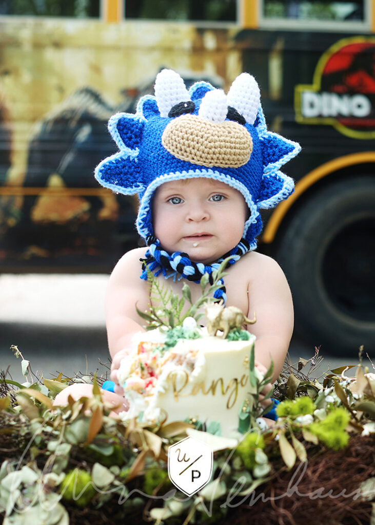 1 yr old boy in a triceratops hat with a dinosaur cake sitting in greenery in front of a bus with a dinosaur wrap