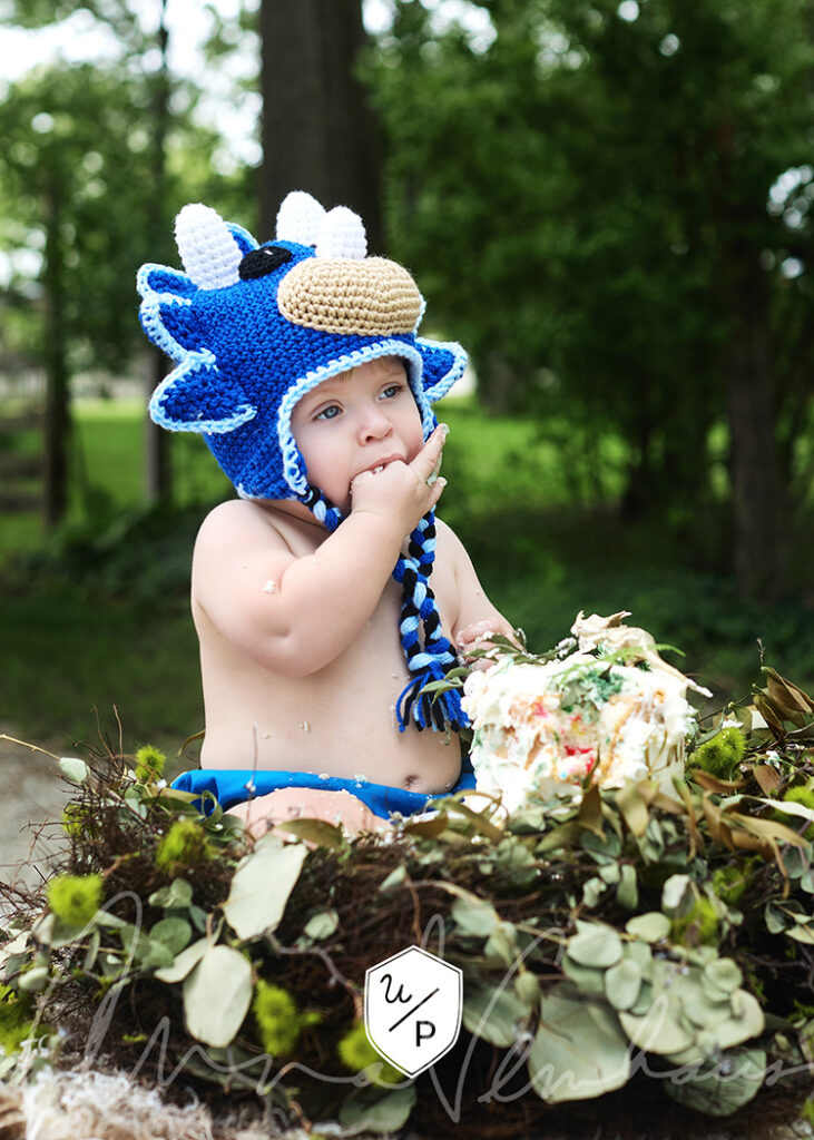 1 yr old in dinosaur hat sitting in greenery eating cake