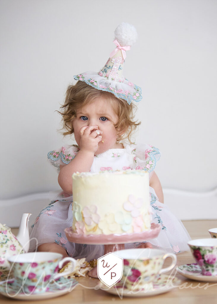 little girl having a cake smash in a princess dress