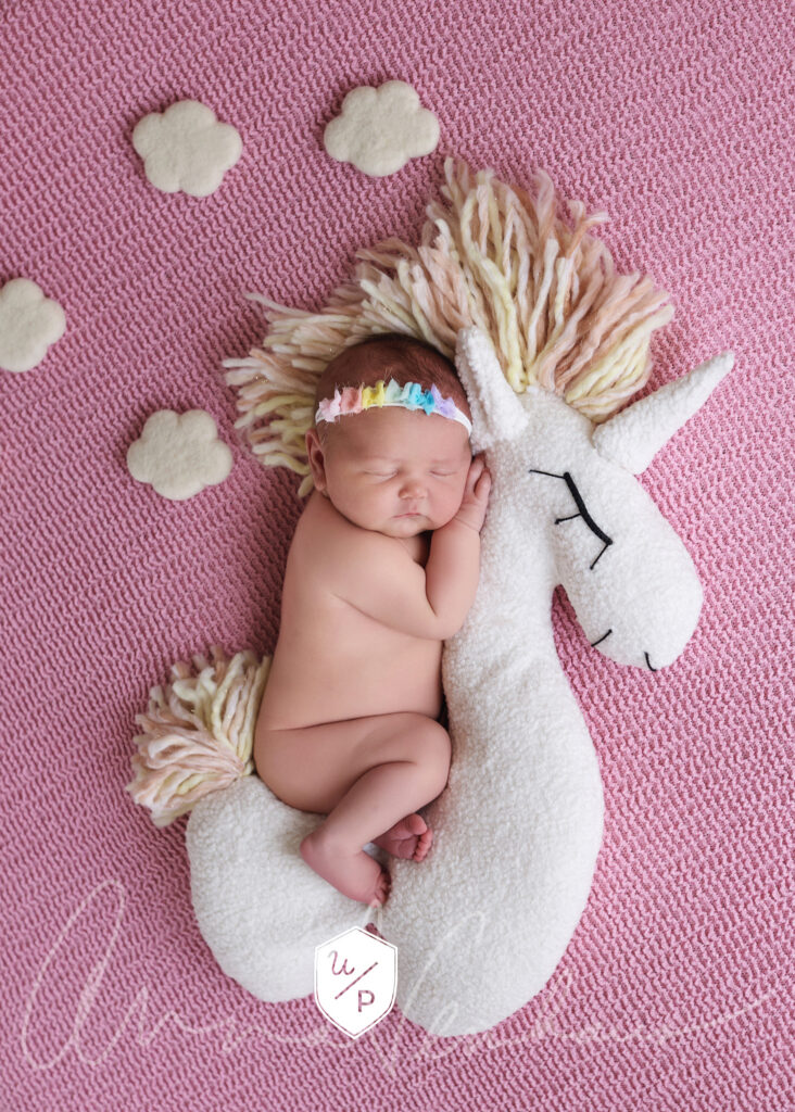 Baby with unicorn prop and clouds
